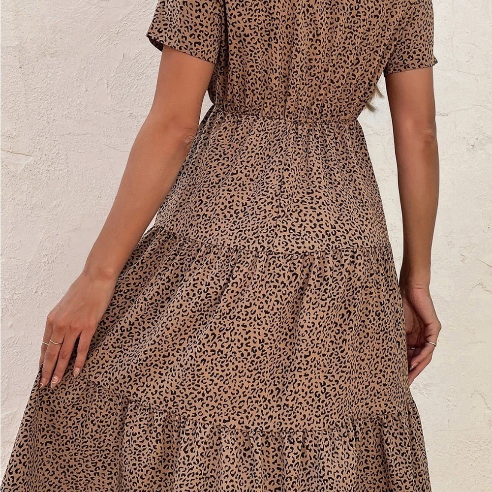 SHEIN Leopard Print Tiered Midi Dress Short Sleeve Elastic Waist Women's S